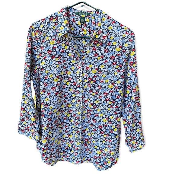 Lauren Ralph Lauren Floral 100% Cotton 3/4 Sleeve Button Down Shirt Sz L - Picture 1 of 9